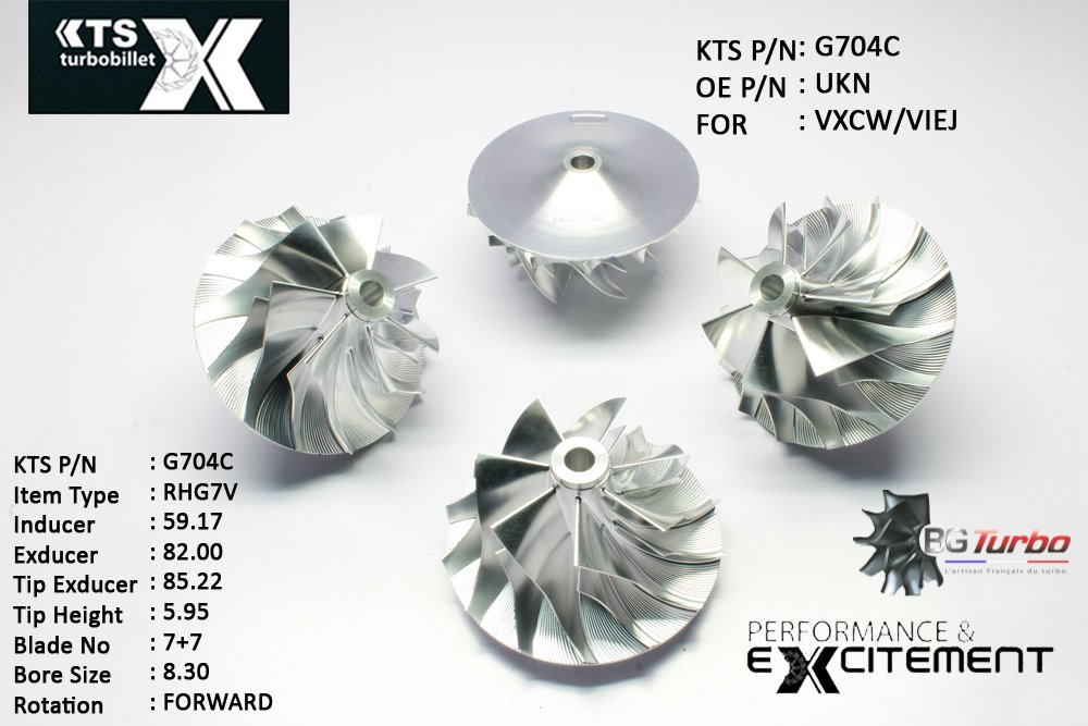 Turbo ROUE FORGÉE MFS PERFORMANCE - 7+7 PALES - INDUCER : 59,17 - EXDUCER : 82 - TYPE : RHG7VANGLE : 60° - ROTATION : Forward - SUPER BACK : 7,57 - BORE SIZE : 8,3
